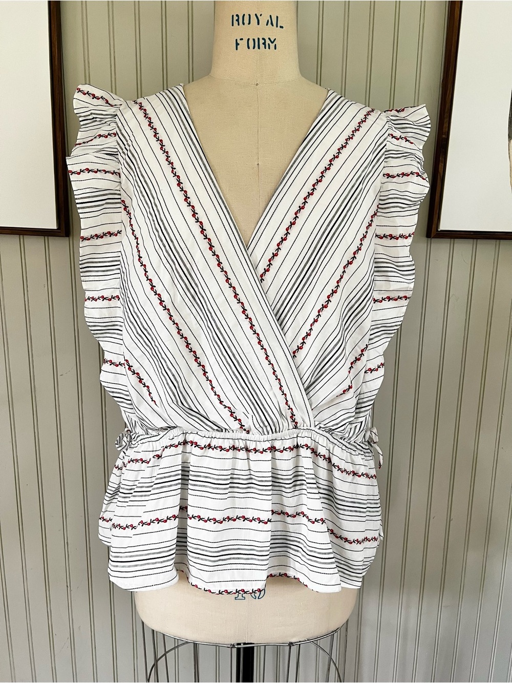 Draper James Peplum Flutter Striped Wrap Style Top with Floral Detail Plus Size